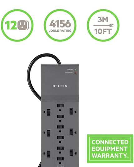 Belkin Power Strip Surge Protector with 12 AC Multiple Outlets, 10 ft Long Flat Plug Heavy Duty Extension Cord for Home, Office, Travel, Computer Desktop, Laptop & Phone Charging Bricks (4,156 Joules)