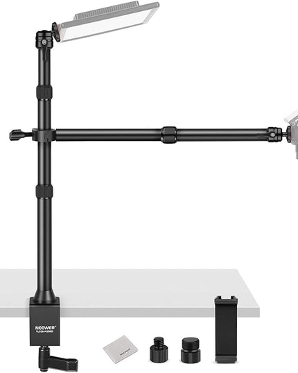 NEEWER Desk Stand with 2 Telescopic Boom Arms Phone Holder for Mic Camera Webcam Ring Light, Desktop Overhead Microphone Mount with C Clamp, Ball Heads, Screw Adapter, Cleaning Cloth, TL253A+DS001
