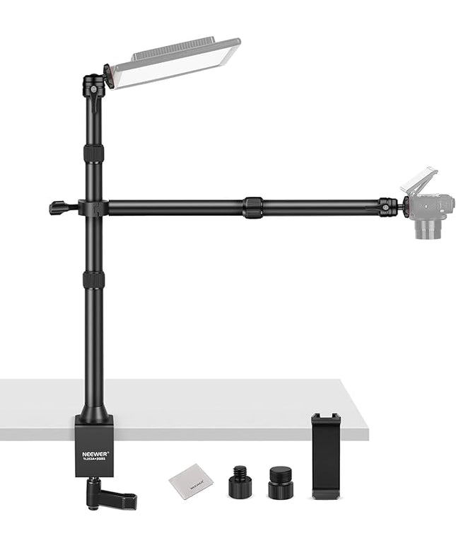 NEEWER Desk Stand with 2 Telescopic Boom Arms Phone Holder for Mic Camera Webcam Ring Light, Desktop Overhead Microphone Mount with C Clamp, Ball Heads, Screw Adapter, Cleaning Cloth, TL253A+DS001