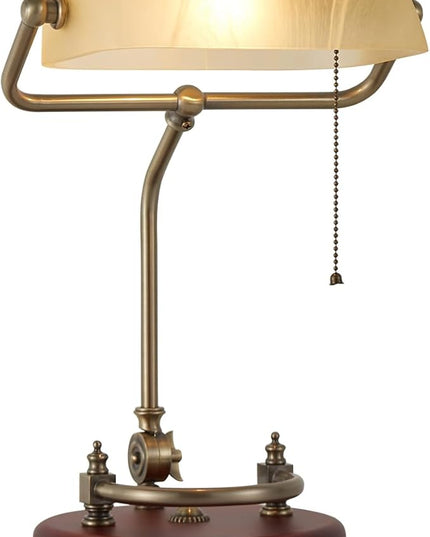 Bankers Lamp, Traditional White Desk Lamp with Solid Birch Wood Base, White Glass Antique Library Lamp with Pull Chain Switch, Plug in Vintage Bankers Desk Lamp for Office, Study Room 【E26 Socket】