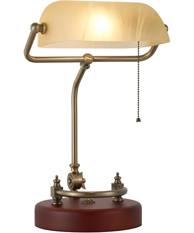 Bankers Lamp, Traditional White Desk Lamp with Solid Birch Wood Base, White Glass Antique Library Lamp with Pull Chain Switch, Plug in Vintage Bankers Desk Lamp for Office, Study Room 【E26 Socket】