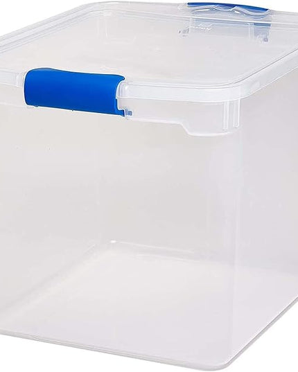 HOMZ 4-Pack Latching Lid, Large Clear Plastic Storage Bins with Lids, 31 Quart, Blue Latch - Stackable Container Boxes for Home, Bathroom, and Office Organization