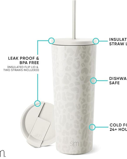 Simple Modern Insulated Tumbler with Lid and Straw | Iced Coffee Cup Reusable Stainless Steel Water Bottle Travel Mug | Gifts for Women Men Her Him | Classic Collection | 24oz | Cream Leopard