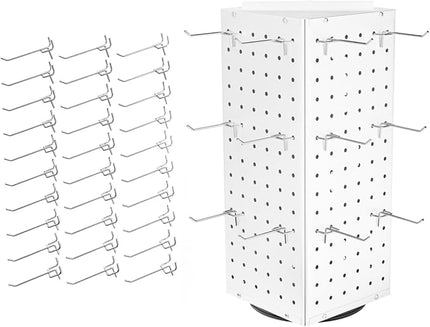 BYCY Rotating Pegboard Display Stand with 30 Hooks,Metal Spinning Peg Board Displays for Craft Shows,4-Sided Jewelry and Accessories Display Racks for Markets,Vendors,Events&Retail Stores (White)