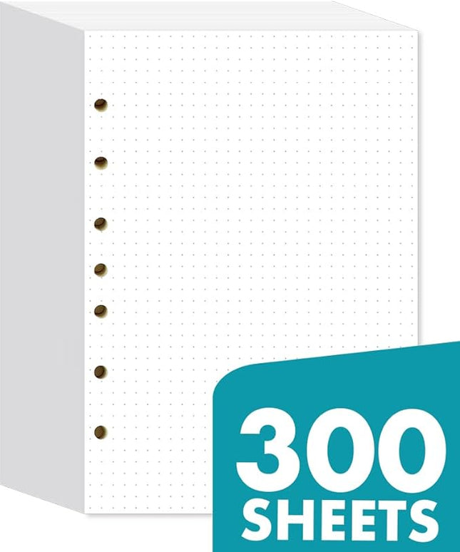 Dotted Filler Paper Pack of 300 Sheets, 7 Hole Punched Planner Refills 5 1/2 x 8 1/2 Inches, Fit 3 or 7 Ring Mini Binders