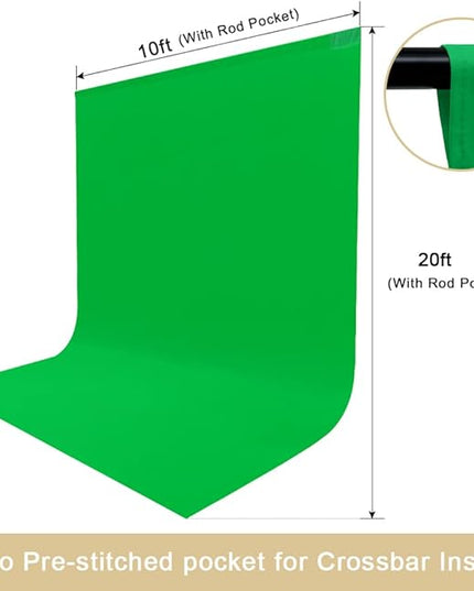 10X20ft Large Green Screen Backdrop for Photography, LCUIRC Two Rod Pocket Chromakey Collapsible Green Polyester Curtain with 4 Clamps for Photography, Zoom Meeting and Game Live Steaming
