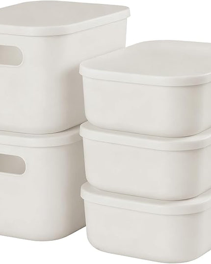 ANMINY 5PCS Plastic Storage Bins Containers with Lids, Large White Storage Organization Bins Boxes, Lidded Plastic Storage Baskets for Closet Shelves Drawers Desktop Home Office, White