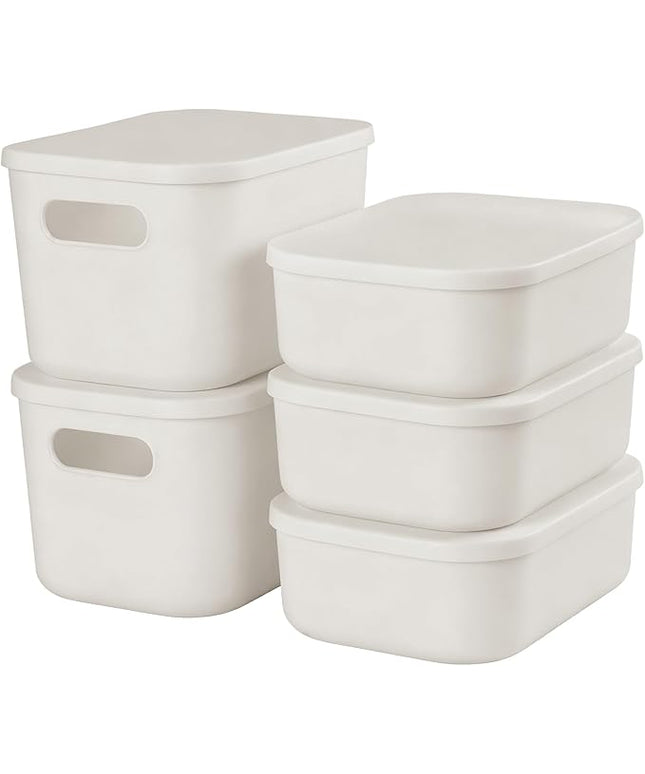 ANMINY 5PCS Plastic Storage Bins Containers with Lids, Large White Storage Organization Bins Boxes, Lidded Plastic Storage Baskets for Closet Shelves Drawers Desktop Home Office, White