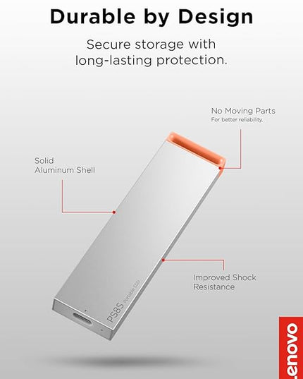 Lenovo PS8S 512GB Portable SSD, Up to 1050MB/s Read, 1000MB/s Write, USB 3.2 USB-C, Slim Lightweight (40g) Aluminum Body, Reliable Storage for PC/Mac & Android