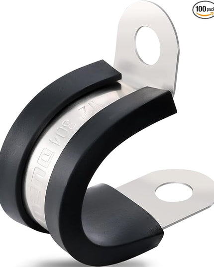OURU 100PCS Cable Clamps 1/2 Inch 304 Stainless Steel Cable Clamps Rubber Coated Cushioned Insulated Cable Clamp,Automotive Wire Clamps,Pipe Clamps,Metal Clamp for Tube,Wire Cord Installation(13mm)