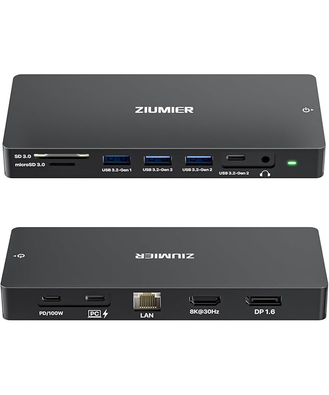ZIUMIER USB C Docking Station Dual Monitor, 12 in 1 Laptop Docking Station - Single 8K or Dual 4K Displays, 1 HDMI, 1 DP, 100W PD, 3x10Gbps USB-A/C Data, 5Gbps USB-A Data, Ethernet, Audio, SD/Micro SD