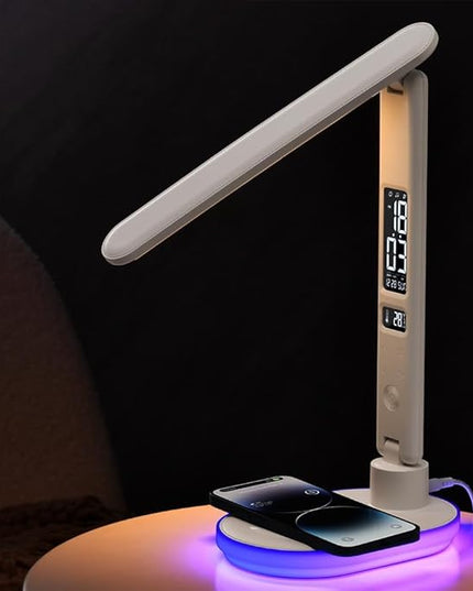 IHAO Luxury Multifunctional LED Desk Lamp10W Qi Wireless Charger Digital Alarm Clock Ambient Light & Temperature Display Adjustable Eye-Care Table Lamp with Leather Texture Design Table Lamp-U20 White