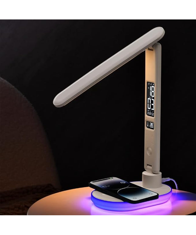 IHAO Luxury Multifunctional LED Desk Lamp10W Qi Wireless Charger Digital Alarm Clock Ambient Light & Temperature Display Adjustable Eye-Care Table Lamp with Leather Texture Design Table Lamp-U20 White