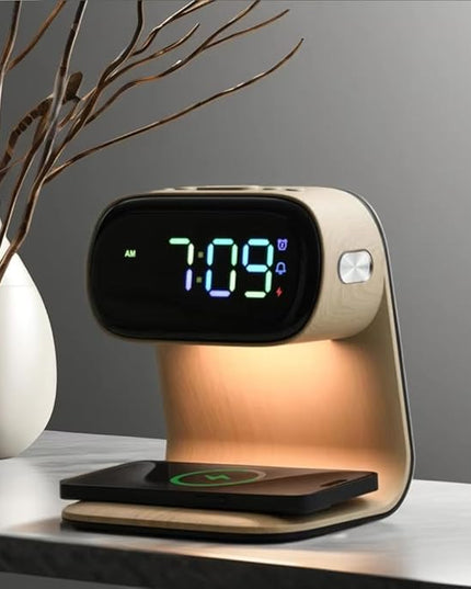 AYI 3in1 Multi-Functional Wireless Charging Alarm Clock Smart Night Light Qi Charger LED Digital Clock Adjustable Light 15W Fast Wireless Charging for All Qi Phone and TWS Headphone Pro Wood Color
