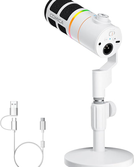 COMICA EJoy D10 XLR/USB-C Dynamic Microphone for Podcasting Recording, Wired Live Streaming Mic with Dynamic RGB, Mute, Noise Reduction, Gain,for Gaming, Live Streaming, YouTube(White)