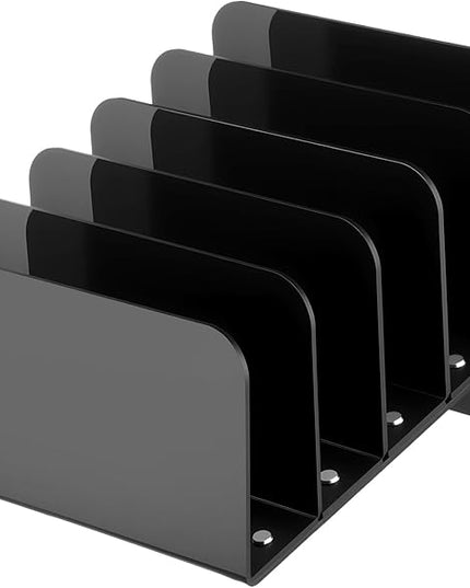 Chunful Acrylic Desk Organizer, 5 Section Desk File Holder Sorter Stand Rack Vertical Organizer Desktop Vinyl Storage Display for Record Album Book Magazine Document Home Office(Black)