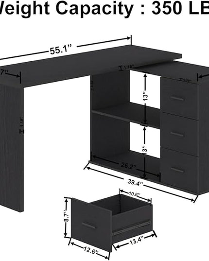 HSH Black L Shaped Desk with Drawers Shelves, 360 Rotating Home Office Desk L Shape with Storage Cabinet, Corner Wood Computer Table for PC Executive Work Study Writing in Bedroom Living Room, 55 in