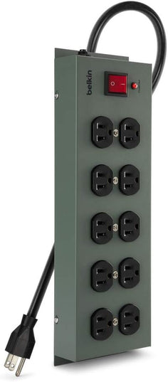Belkin Power Strip Surge Protector - 10 AC Outlets, 15ft Heavy Duty Metal Extension Cord with Wall Mount Holes for Home, Office, Travel, Computer Desktop, Laptop & Phone Charging Brick