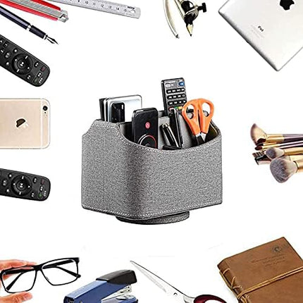 Arniche PU Leather Remote Control Holder,360 Degree Spinning Desk TV Remote Caddy,Desk Organizers and Accessories,for Controller,Media,Mail,Calculator,Mobile Phone,Pen Storage Holder (Gray Cloth)