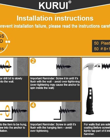 KURUI #8 Self Drilling Drywall Anchors with Screws Kit, Heavy Duty Dry Wall Anchors for Hanging Sheetrock, 50 Self-Tapping Plastic Drywall Hangers 50 Sheet Rock Screws, 100PCs Mounting Hardware -75LB