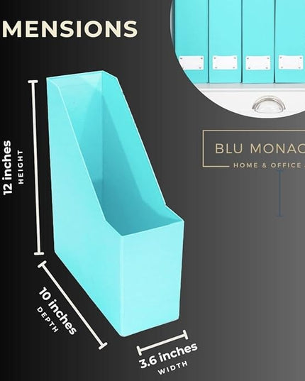 BLU MONACO Set of 6 Aqua Magazine File Holders | Foldable Magazine Storage Boxes with White Leather Label Holders | Vertical File Organizer for Desk, Shelves & Home Office