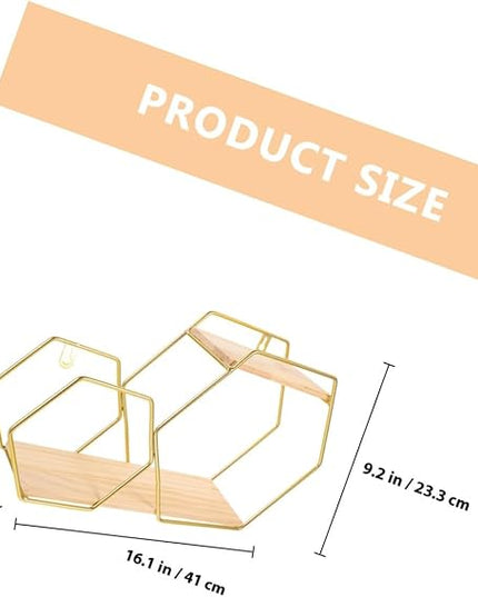Hexagonal Wall Floating Shelf Metal and Wood Wall Shelves Gold Decorative Storage Rack for Bedroom Living Room Display and Home Organization
