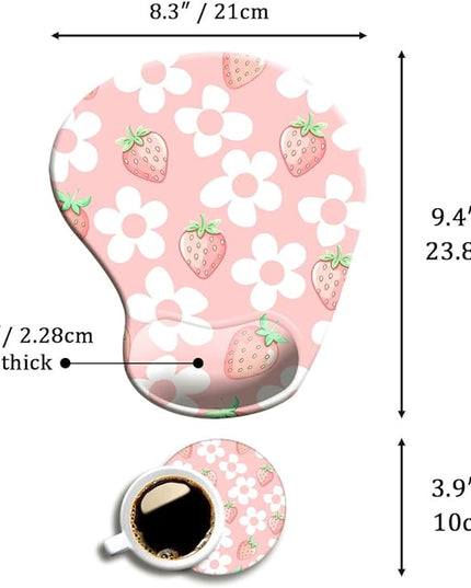 Ergonomic Mouse Pad with Wrist Support,Mouse Pad with Wrist Rest and Coaster Set,Office Supplies Non-Slip Mouse Pads for Desk, Non-Slip Comfortable,Pink Floral Kawaii