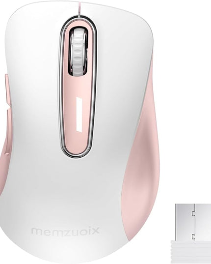 memzuoix 2.4G Wireless Mouse, 1400 DPI Computer Mice with USB Receiver, Portable Wireless USB Mouse Battery Powered Cordless Mice for Laptop, PC, Desktop, 5 Buttons (White Pink)