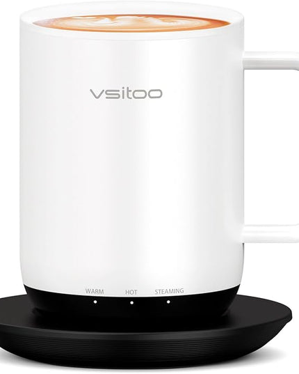 Vsitoo S3 Plus 14oz Heated Coffee Mug - Temperature Control Smart Mug with Mug Warmer, Auto-Sensing AI Heats Drinks to 120-150°F Hands-Free.Ideal for Home/Office/Gifts，White