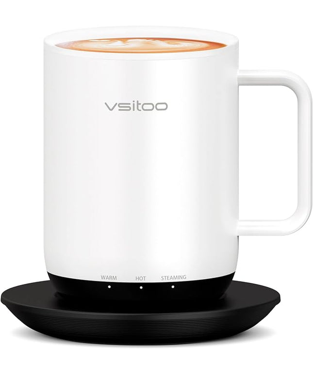 Vsitoo S3 Plus 14oz Heated Coffee Mug - Temperature Control Smart Mug with Mug Warmer, Auto-Sensing AI Heats Drinks to 120-150°F Hands-Free.Ideal for Home/Office/Gifts，White