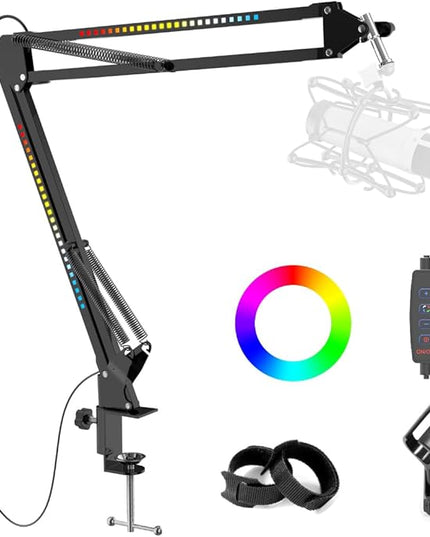 RGB Boom Arm, Adjustable Mic Stand with Desk Mount Clamp and Mic Clip, Compatible with HyperX Quadcast, Blue Yeti, Rode, Shure SM78 for Streaming, Gaming, Youtube Recording (black)