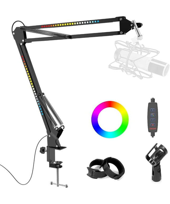 RGB Boom Arm, Adjustable Mic Stand with Desk Mount Clamp and Mic Clip, Compatible with HyperX Quadcast, Blue Yeti, Rode, Shure SM78 for Streaming, Gaming, Youtube Recording (black)