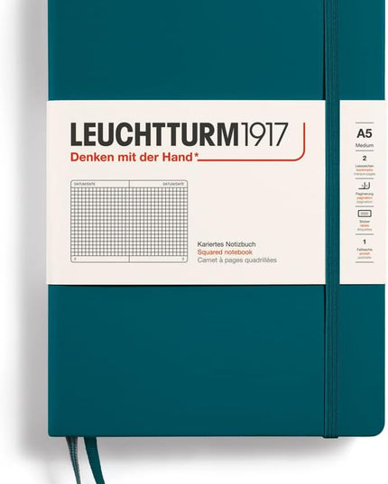 LEUCHTTURM1917 - Notebook Hardcover Medium A5-251 Numbered Pages for Writing and Journaling (Pacific Green, Squared)
