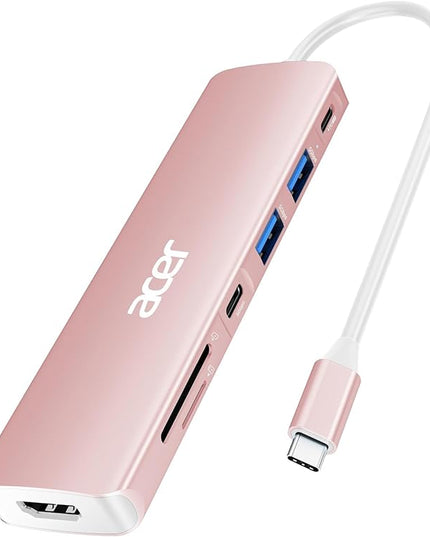 Acer USB C Hub, 7 in 1 USB-C to HDMI Multi-Port Adapter, 2 USBA 3.1 GEN1 and 5Gbps Type-C Data Port, 4K HDMI Port, PD 100W Charging, SD Card Reader for iPad Pro MacBook Pro Laptops and More(Pink)