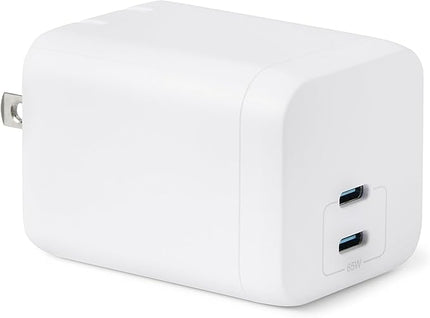 Amazon Basics Fast Charging USB C Nano GaN Wall Charger, 65W 2-Port for Laptops, Tablets, Phones, White