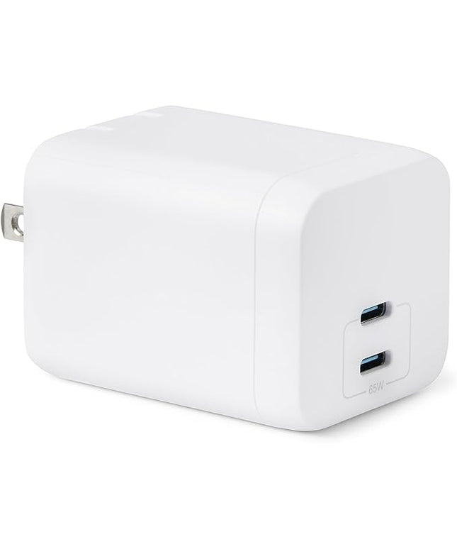 Amazon Basics Fast Charging USB C Nano GaN Wall Charger, 65W 2-Port for Laptops, Tablets, Phones, White