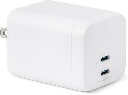Amazon Basics Fast Charging USB C Nano GaN Wall Charger, 65W 2-Port for Laptops, Tablets, Phones, White