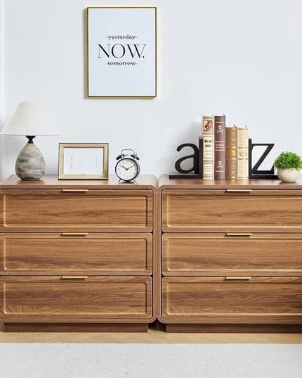 Modern Nightstand Set of 2 for Bedroom, 26'' Wide Wood 3 Drawers Bedside Table, Large Dresser w/Curved Profile Design, Side Table, End Table with Storage Drawers for Living Room, Entryway, Walnut