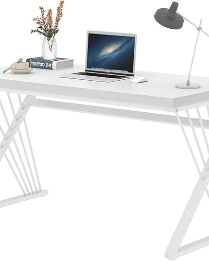 FOLUBAN White Desk, Modern Wood and Metal Computer Desk for Home Office, Simple Writing Work PC Desks for Bedroom, Industrial Study Gaming Table for Living Room, White, 47 Inch