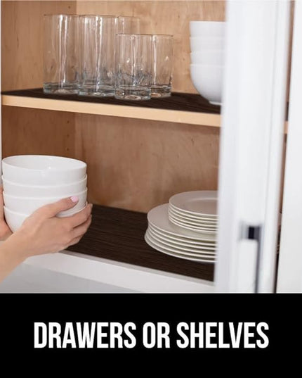 GORILLA GRIP DripGuard Shelf Liner, Non Adhesive Drawer and Kitchen Cabinet Protector, Slip Resistant BPA Free Smooth Surface Plastic Liners for Cabinets, Bathrooms, Closets, 17.5x120 Inch, Wood