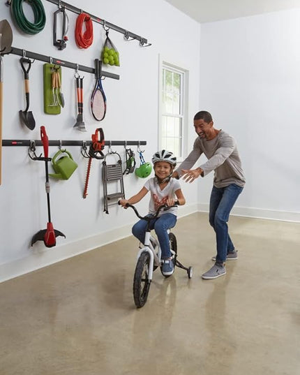 Rubbermaid 24-Piece FastTrack Garage Wall-Mounted Storage Kit, 6 Rails and 18 Hooks, Black, for Home/House/Tool/Sports/Equipment/Utility Purposes