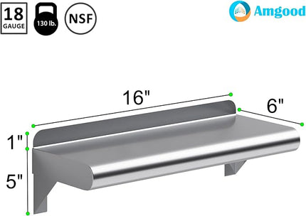 AmGood 6" X 16" Stainless Steel Wall Shelf | Metal Shelving | Garage, Laundry, Storage, Utility Room | Restaurant, Commercial Kitchen | NSF