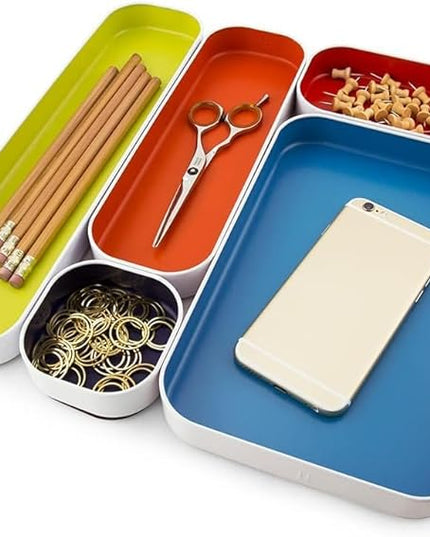 Three by Three Seattle 5 Piece Shallow Metal Organizer Tray Set for Storing Makeup, Stationery, Utensils, and More in Office Desk, Kitchen and Bathroom Drawers (1 Inch, Assorted Colors)