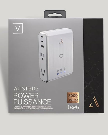 Austere V Series, Appliance Wall Power 4 Outlet Surge Protector for Kitchen, 3000 Joules, 1 USB-C 20W Fast Charger, 2.4 amps USB-C and A Ports, Overcurrent Protection, 5 Year Component Guarantee