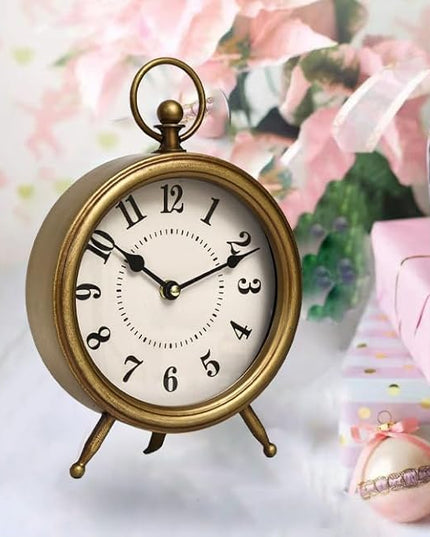 MACVAD Vintage Table Clock on Stand, Decorative Desk and Shelf Clock Farmhouse Mantel Non-Ticking Clock Rustic Metal Frame with Antique Gold Finish