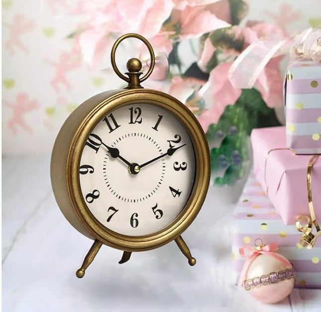 MACVAD Vintage Table Clock on Stand, Decorative Desk and Shelf Clock Farmhouse Mantel Non-Ticking Clock Rustic Metal Frame with Antique Gold Finish