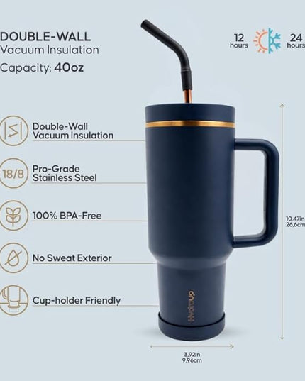 40oz Travel Tumbler Cup with Handle, Two-Way Slider Lid, Stainless Steel Straw with Silicone Tip, Vacuum Insulated Water Bottle for Hot & Cold Drinks, Great Gifts for Mom (Blue Gold)