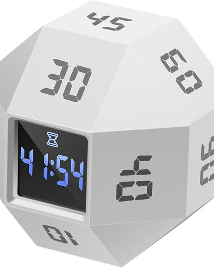 Mini 12-Sided Cube Timer with Preset Countdowns of 1-3-5-10-15-20-25-30-45-60-90 Minutes, Rechargeable Time Management Tool for ADHD, Study, Cooking, Focus (Grayish White)