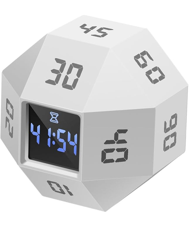Mini 12-Sided Cube Timer with Preset Countdowns of 1-3-5-10-15-20-25-30-45-60-90 Minutes, Rechargeable Time Management Tool for ADHD, Study, Cooking, Focus (Grayish White)