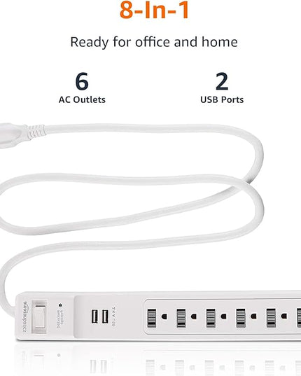 Amazon Basics Power Strip Surge Protector with 6 Outlets,2 USB Ports,1000 Joule Protection,6 Foot Extension Cord,Rectangle,White,(Pack of 6)